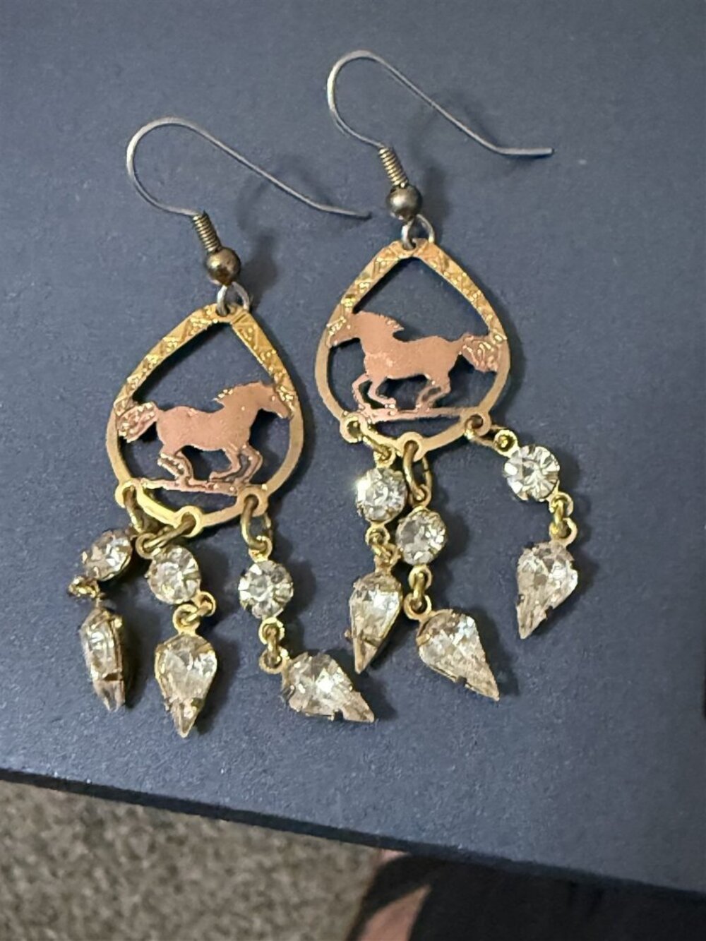 Horse Equestrian Earrings Crystal Gold Tone Dangle Western Festival Country